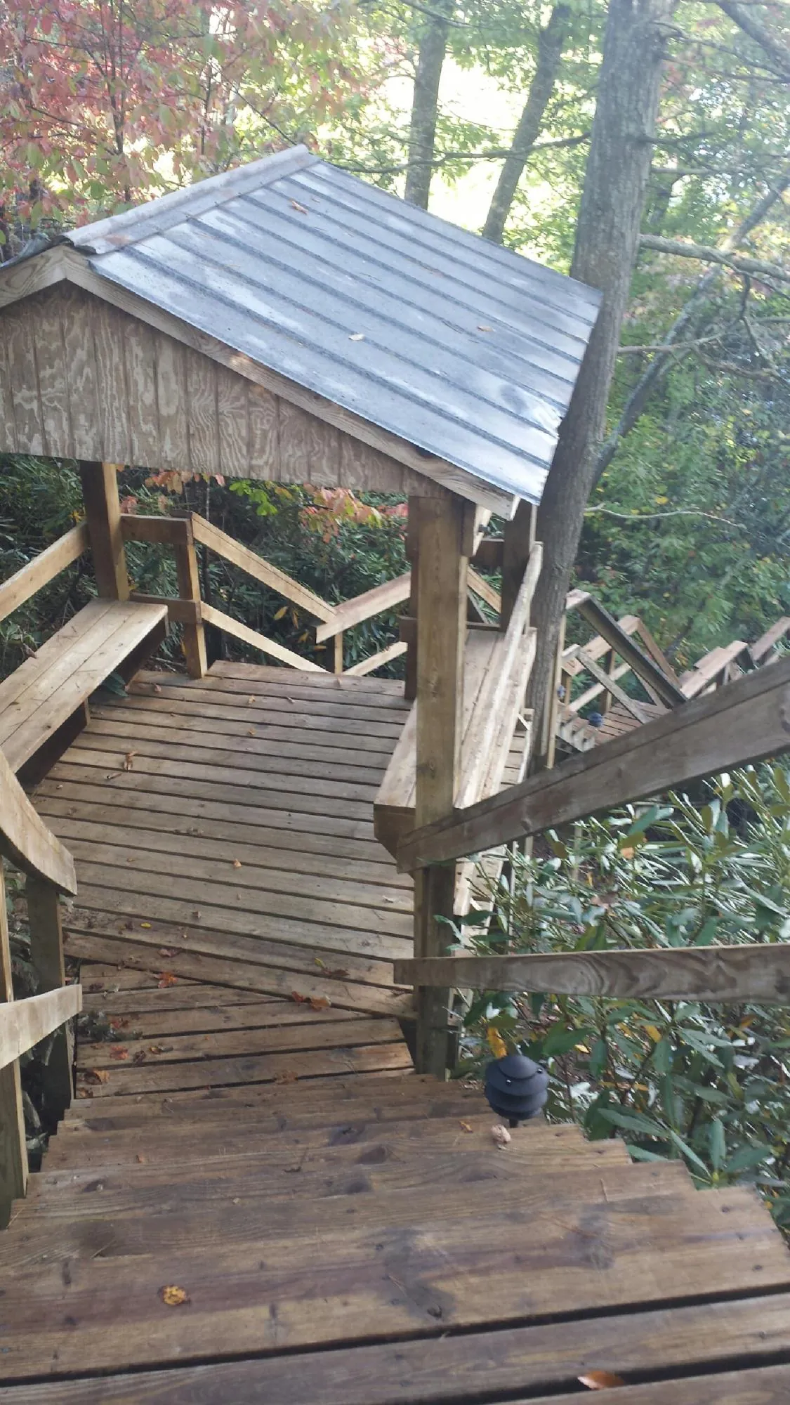 Metal roofed shelter over wooden steps on a wooded walkway — Skylight Repair & Installation work by our crew in Nisswa